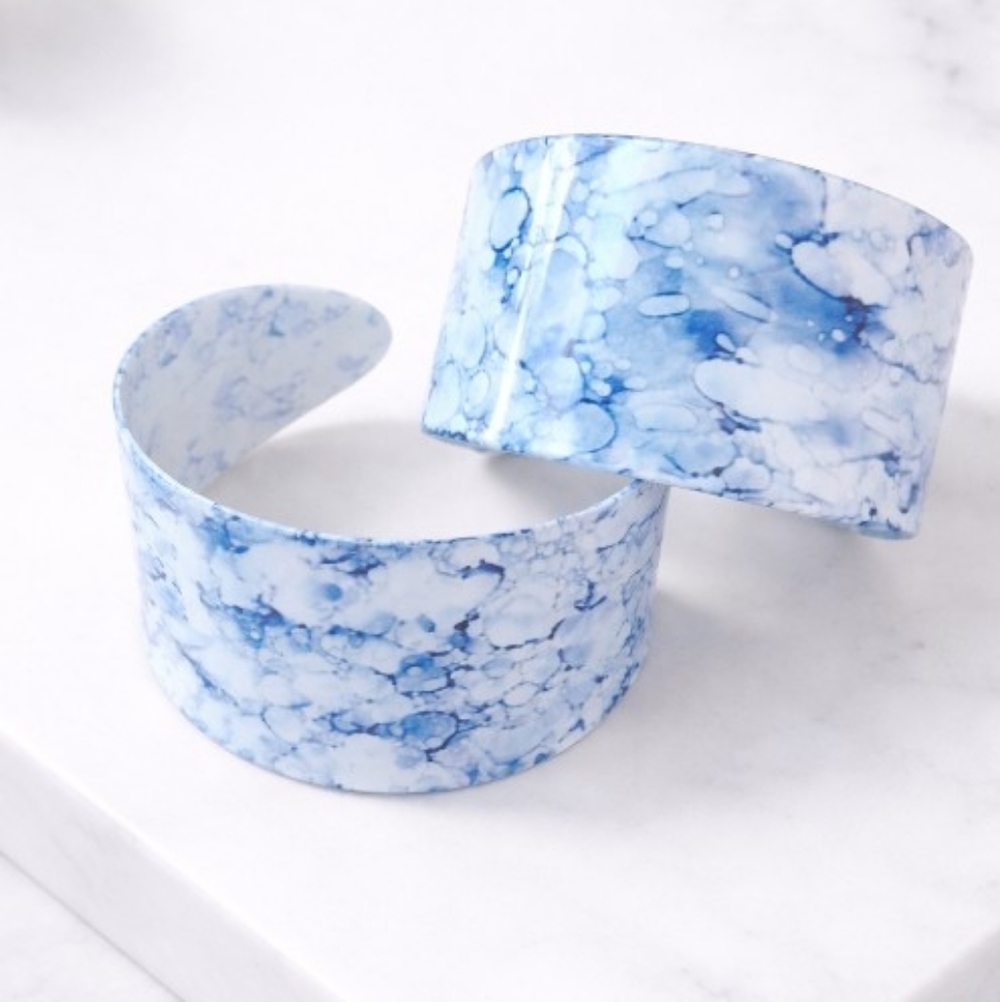 Blue White Marble Chunky Hoop Earrings Statement Acrylic Bold Trendy Jewelry